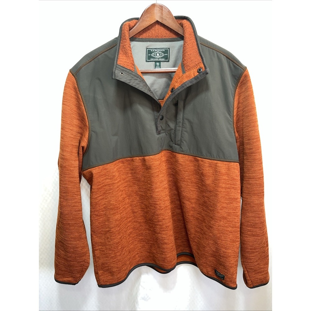 GH Bass & Co‎ Mens XXL Orange Gray Waffle Knit 1/4 Snap Fleece Pullover Sweater